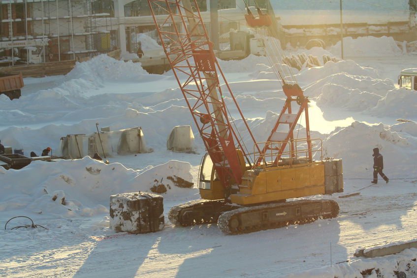 Large Crane Working On Winter Day 