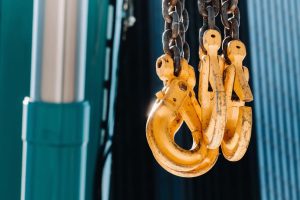 Hooks from mobile crane before a rigging project. 